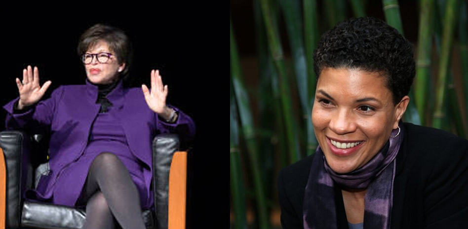 Two portraits lined in a row featuring women